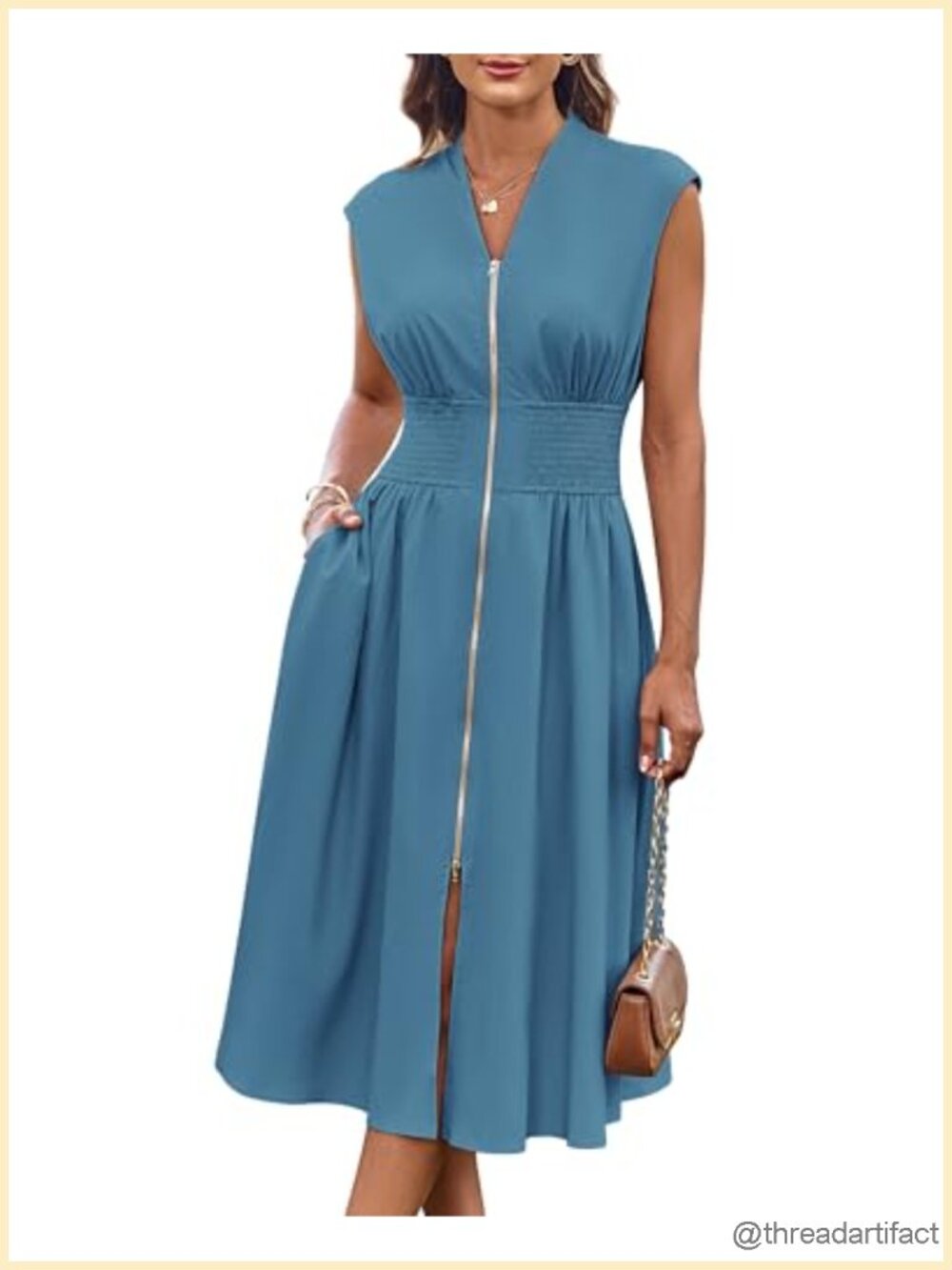 V Neck Cap Sleeve Midi Dress with Pockets Smocked Waist